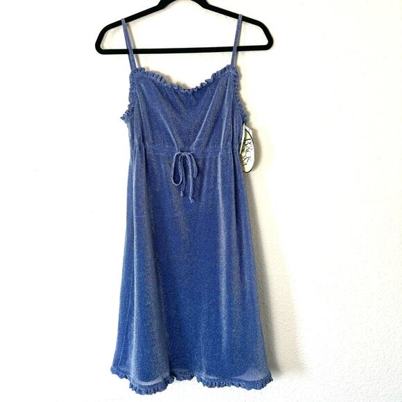 New Philosophy Di Alberta Blue Sparkle Ruffled Square Neck Mini Dress Size 4 - Picture 1 of 8